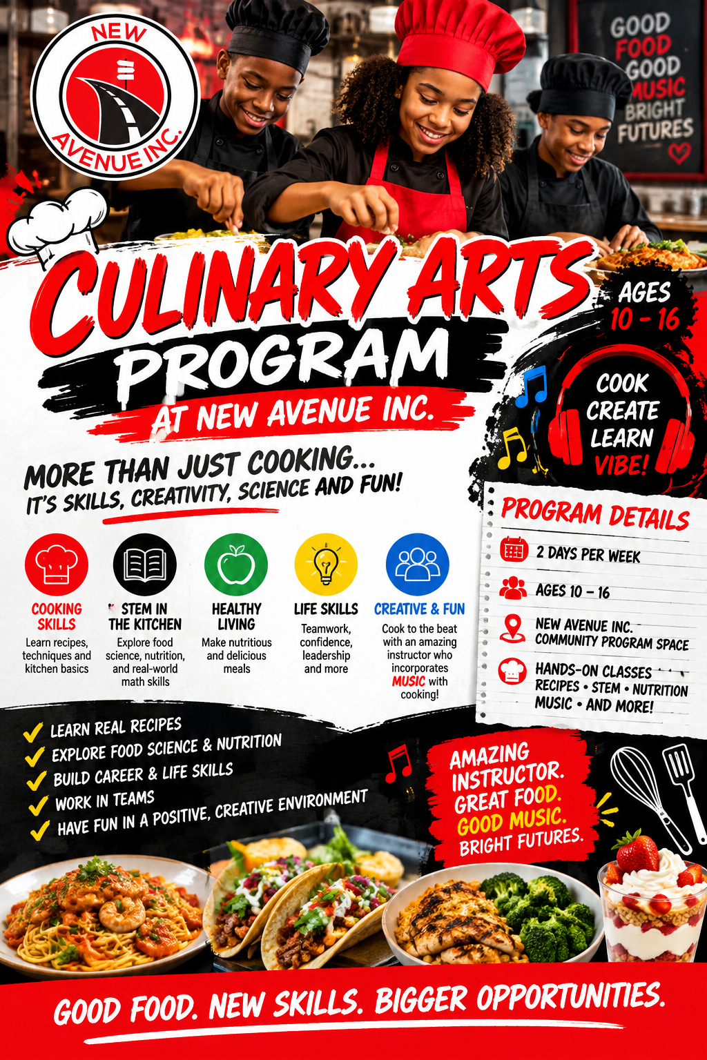 New Avenue Culinary Arts Program flyer — young chefs cooking together in the kitchen