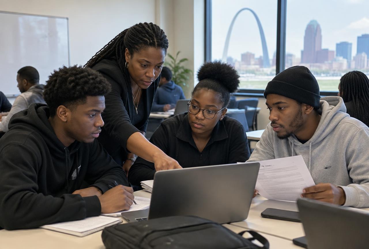 Job seekers reviewing resumes and applications with a mentor at a workforce training session